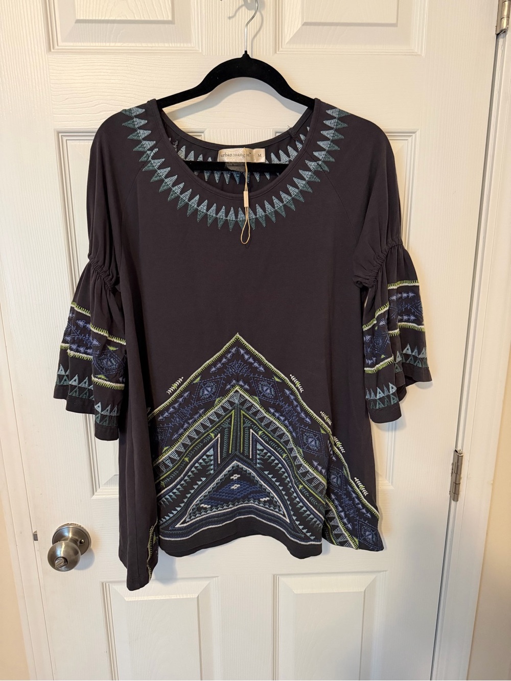 Women's Black Embroidered Boho Bell-Sleeve Tunic 100% Cotton